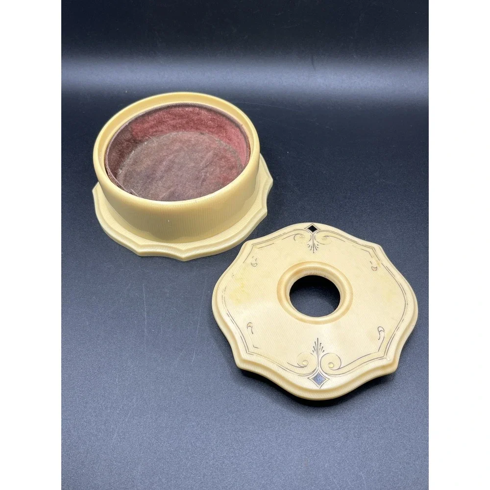 Vtg Antique Tan Celluloid Hair Receiver Vanity Dresser Decor Shabby Chic Octagon